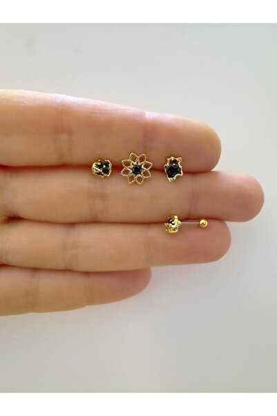 Arescollection 3 ADET siyah ZİRKON TAŞLI ÇELİK TRAGUS HELİX LOBE UYUMLU PİERCİNG
