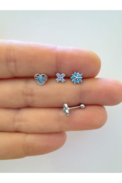 Arescollection 3 ADET MAVİ ZİRKON TAŞLI ÇELİK TRAGUS HELİX LOBE UYUMLU PİERCİNG