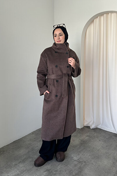HYWONA Throat Button Detailed Wool Textured Coat Brown