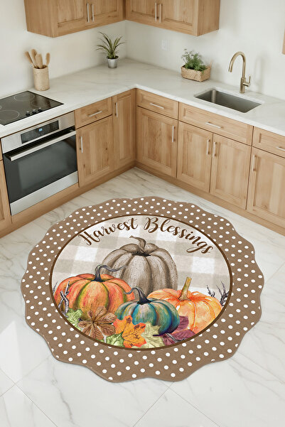 Realhomes Sonbahar Temalı Kabak Desenli Özel Kesim Yuvarlak Yıkanabilir Kayma...