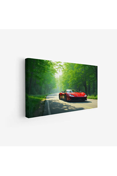 Tajridhome لوحة سيارات - سيارة حمراء - طريق محاط بالأشجار - مشمس - لوحات فن ع...