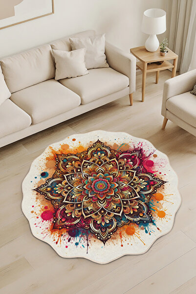 Realhomes Renkli Mandala Desenli Özel Kesim Yuvarlak Yıkanabilir Kaymaz Taban...