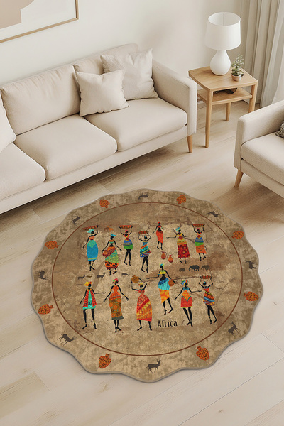 Realhomes Afrika Temalı Renkli Kadın Figürlü Özel Kesim Yuvarlak Yıkanabilir ...