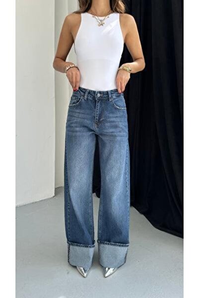 Store Kadın Mavi Wide Leg Kot Pantolon %98 Pamuklu Esnek Paça Katlama Detaylı...