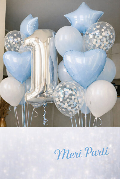 MERİ PARTİ Açık Mavi Silver 1 Rakamlı Kalpli Yıldızlı Konfetili Balon Buketi ...