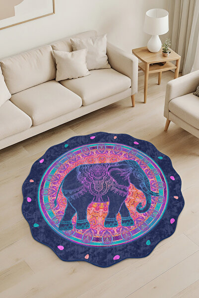 Realhomes Mandalya Desenli Özel Kesim Yuvarlak Yıkanabilir Kaymaz Taban Halı