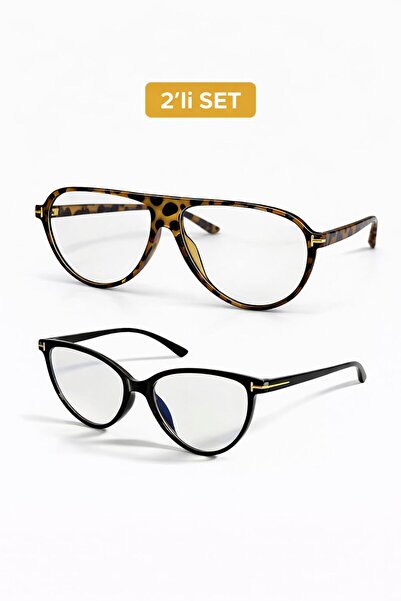 TomyHelf Kadın Blue Light Gözlük 2’li Set – Mavi Işık Korumalı, Siyah ve Leop...