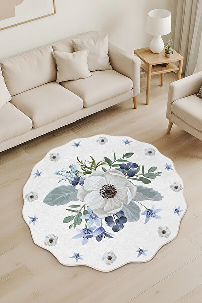 Realhomes Beyaz Çiçek Yaban Mersini Desenli Özel Kesim Yuvarlak Salon Halısı ...