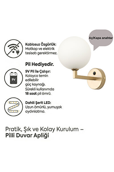 MOİRA Pilli Duvar Apliği,Glop Camlı Ledli Gold Modern Kablosuz Yatak Odası Ba...