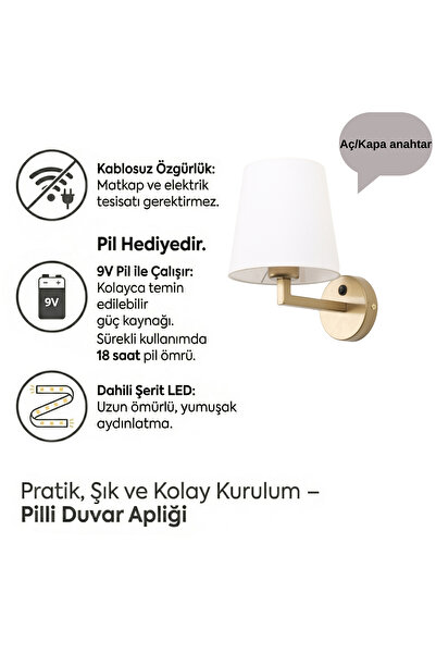 MOİRA Pilli Duvar Apliği,Abajur Ledli Gold Modern Kablosuz Yatak Odası Banyo ...