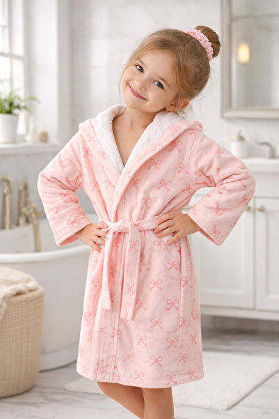 LUNGA VİTA Garson Beden Lüks Kadife Çocuk Bornozu 10-14 Yaş Baskılı Desenli O...