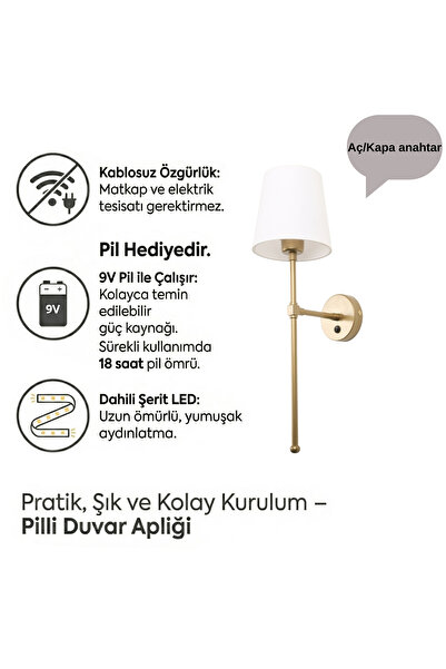 MOİRA Pilli Duvar Apliği,Abajur Ledli Gold Modern Kablosuz Yatak Odası Banyo ...