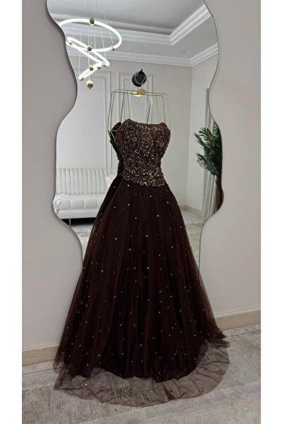 To Be Luxurious brown tulle evening dress with a beaded bodice