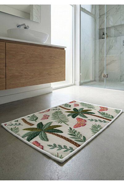 Artvibe Palm Tree and Butterfly Patterned Digital Printed Green Pink Beige Co...