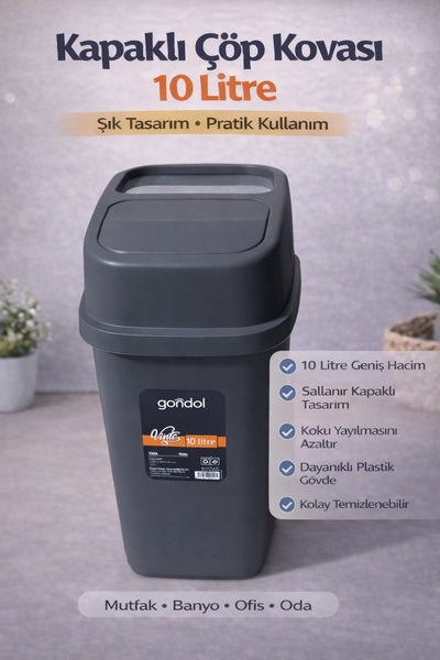 Gondol Kapaklı Çöp Kovası, Plastik 10 Lt