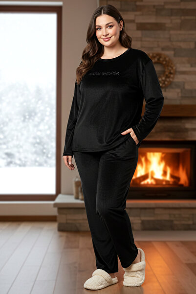 REMSA Plus Size Women's Velvet Fabric Pajama Set 13213-3018 Black
