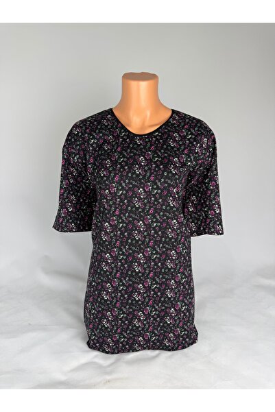 YAŞAR TRİKO Women's Black U-Neck Short Sleeve Floral Pattern Slit Woven Visco...