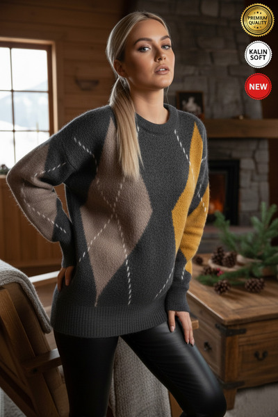 Millionaire Women's Anthracite Beige Yellow Feather Beard Detailed Diamond Pa...