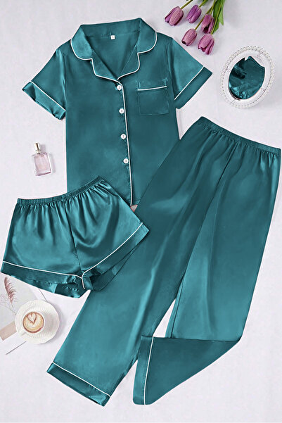 Sweet Dream 3 Piece Silk Satin Pajama Set for Women Soft Short Sleeve with Sh...