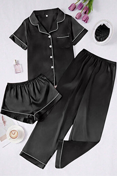 Sweet Dream 3 Piece Silk Satin Pajama Set for Women Soft Short Sleeve with Sh...