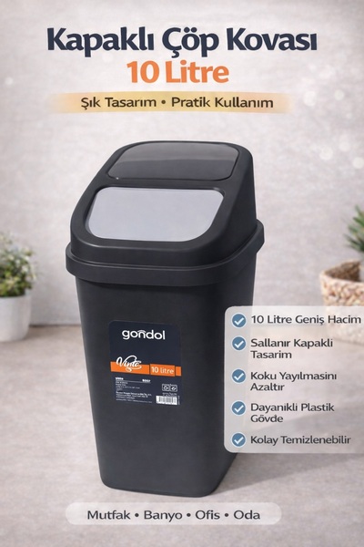 Gondol Kapaklı Çöp Kovası, Plastik 10 Lt