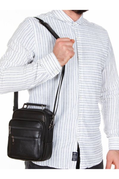 NEWISH POLO ACCESSORIES Men's Black Steel Case Genuine Leather Hand and Shoulder Bag with Adjustable Strap (Large Size)