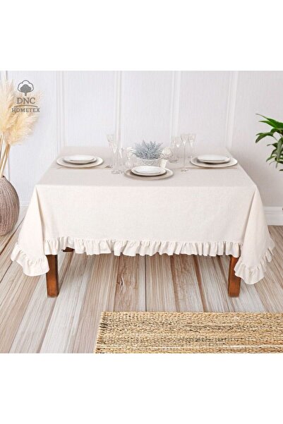 DNC HOMETEX مفرش طاولة من الكتان الكريمي الفاخر ذو الكشكشة