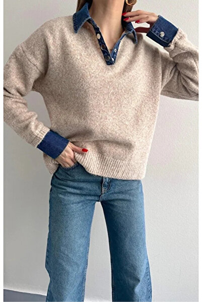 Coşkun GİYİM Women's Jean Paneled Wool Sweater Mink 2593