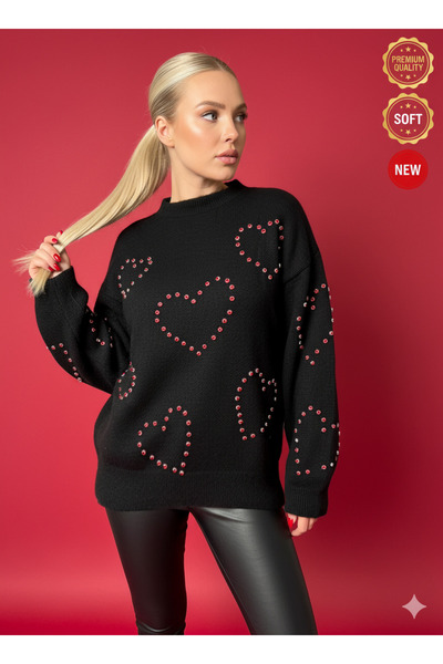 Millionaire Women's Black Heart Stone Detailed Knit Sweater