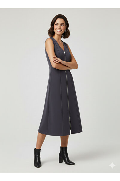 Flow Kadın Kolsuz Önden Fermuarlı Midi Elbise Antrasit