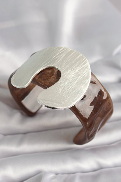 Skygo سوار نسائي عتيق بنمط الرخام البني من البلاستيك الأكريليك والفضة - TJ-BB...