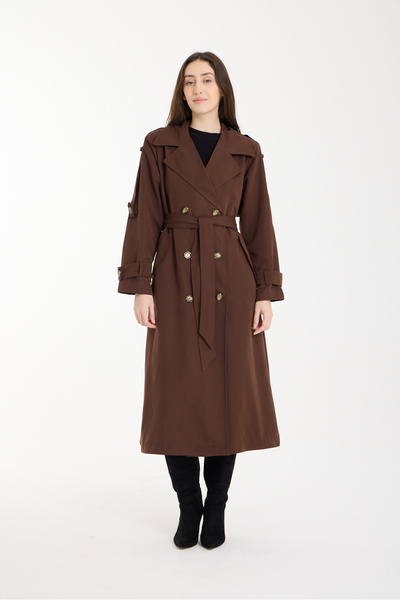 PINTORE Women's Long Trench Coat with Back Pleats and Button Detail