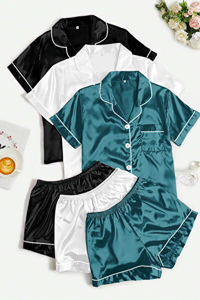 Sweet Dream 6 Piece Womens Silk Satin Pajamas Set Short Sleeve Sleepwear Butt...