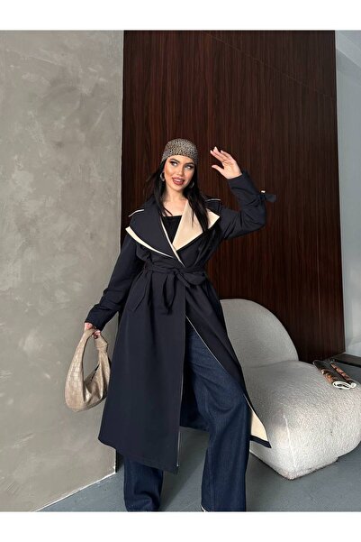 D'RECCY Women's Long Trench Coat with Wide Collar, Inner Lining and Belt