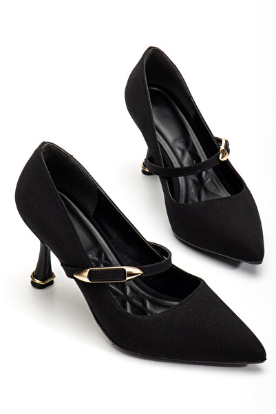 Moda Hanım Pantofi cu toc subțire cu cataramă din satin negru pentru femei