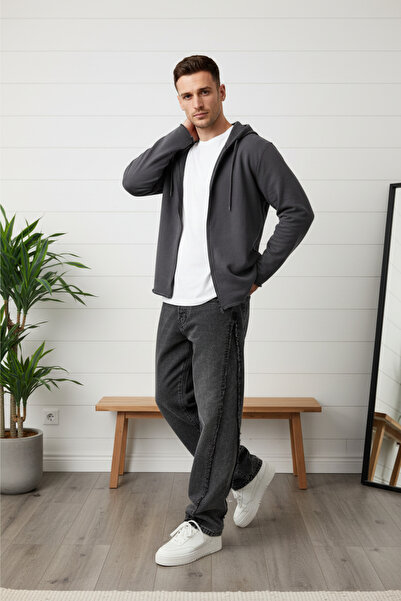 A&O Style Men's Anthracite Baggy Special Washed Striped Detail Jean Denim Tro...