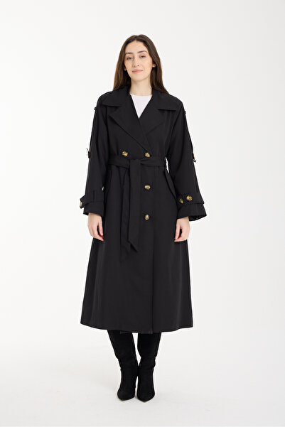 PINTORE Women's Long Trench Coat with Back Pleats and Button Detail