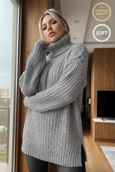 Millionaire Women's Gray Thick Thread Thick Knit Full Fisherman Turtleneck Y ...