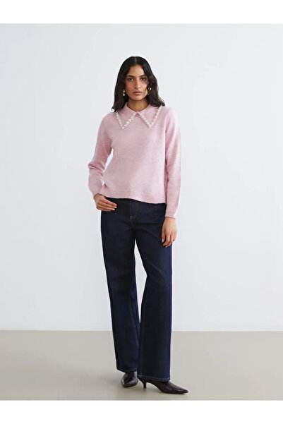 LC Waikiki Lcw modest pink Peter Pan collar beaded women's knit sweater