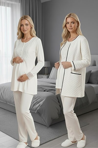 Lohusa Homewear Ecru Stylish Quilted Long Sleeve Lace Pocket Detailed Materni...