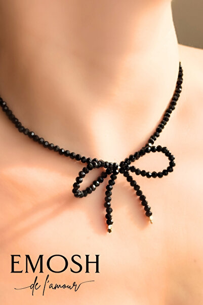 EMOSH de Lamour Siyah Papyon Fiyonk Detaylı İnce Boncuk Kolye | Gotik Romanti...