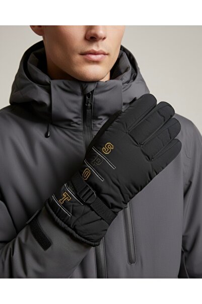 Şirin Giyim Aksesuar Erkek Eldiven Kar Kayak - Siyah İçi Polar Kışlık Kalın S...