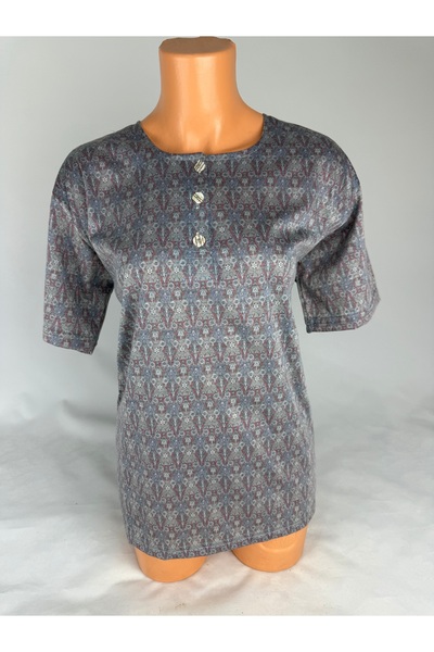 YAŞAR TRİKO Women's Gray U-Neck Short Sleeve Patterned Slit Woven Viscose Mot...