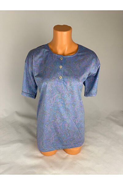 YAŞAR TRİKO Women's Blue Buttoned U-Neck Short Sleeve Patterned Slit Woven Vi...