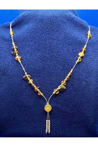 luveay jewelry El Yapımı Altın Kaplama Doğal Kehribar Taşlı Çiçek Detaylı Kad...