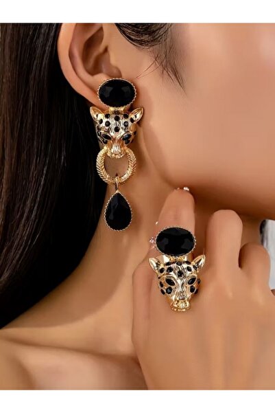 Alyas Aksesuar Black Stone Lion Earrings and Ring Set