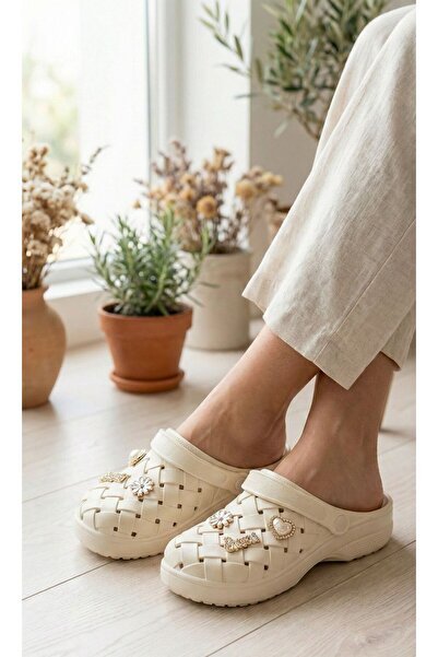 Altın Pabuç Kadın Bahçe Plaj Hemşire Terliği - Hasır Görünümlü, Aksesuarlı, H...