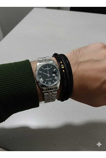 ELVİORA STORE Bileklik Hediyeli Çelik Kordon Gümüş Renk SiyahKadran Ekek Kol ...