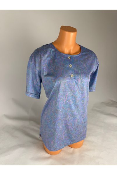 YAŞAR TRİKO Women's Blue Buttoned U-Neck Short Sleeve Patterned Slit Woven Viscose Mother Combed Cotton T-Shirt