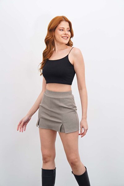 DI LORIA Kadın Bej Yüksek Bel Çift Yırtmaçlı Şortlu Mini Etek